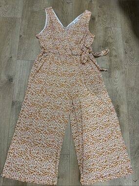 Kaileigh White & Mustard Floral Tie-Waist Wide-Leg Jumpsuit
